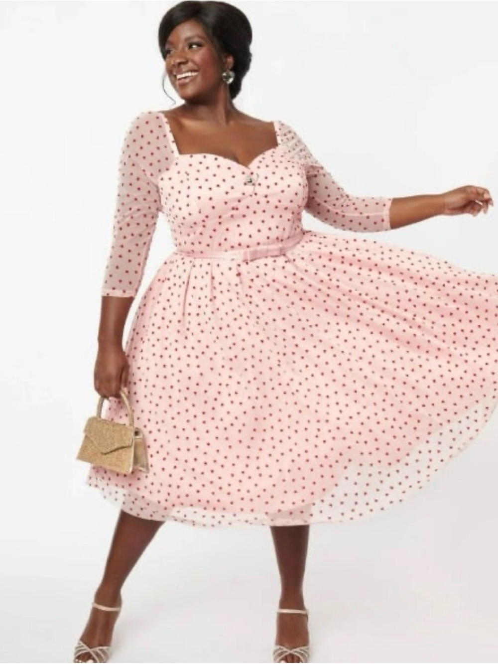 Pink Polka Dot Fit-and-Flare Midi Dress